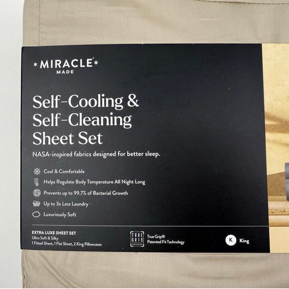 Miracle Made Sheet Set KING Luxe Self-Cooling Self-Cleaning Sateen SAND Tan NWT - Picture 2 of 7